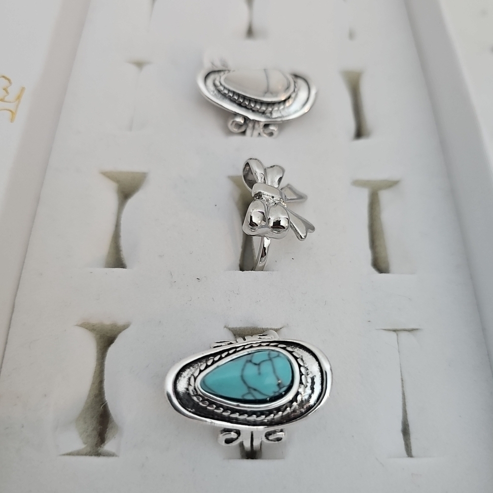 3pc Fashion Ring Set Silver Bow Blue Stone White Stone Country Girl Southwestern - Picture 3 of 8